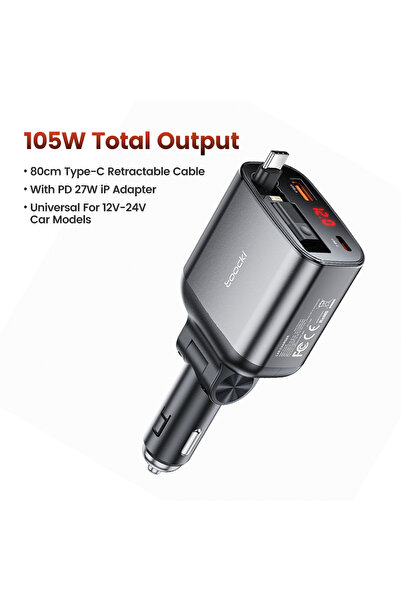 Toocki شاحن سيارة رمادي 105 وات بشاشة LED PD3.0 QC4.0 شاحن سيارة USB مع محول ...