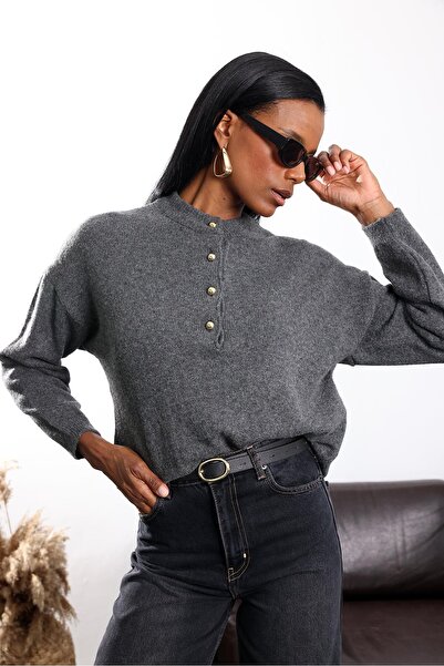 5in1Canpolat Anthracite Four Button Knit Sweater 251128