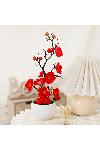 Choice زهور البرقوق الحريرية الحمراء بونساي نباتات اصطناعية مزروعة في أصص أزه...