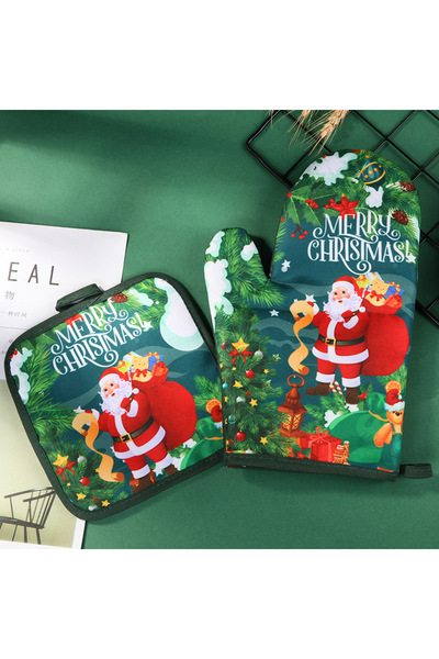 Choice مجموعة قفازات فرن عيد الميلاد الخضراء مع حاملات الأواني، قفازات فرن كلاسيكية مقاومة للحرارة بتصميم رجل ثلج وغزال سانتا