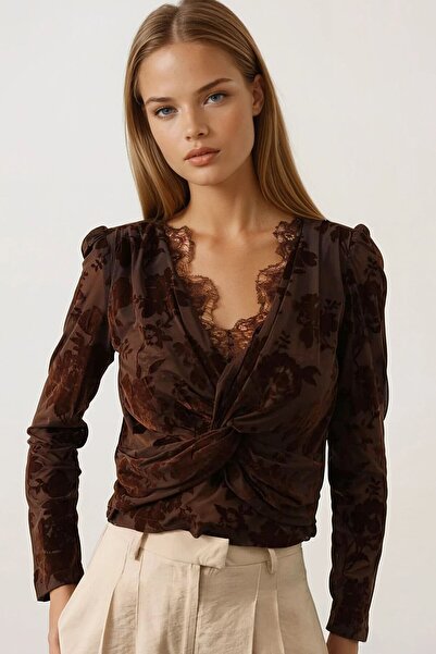 VAGGON Women's Brown Tie Detail Deep V Neck Lace Printed Blouse Vs01706