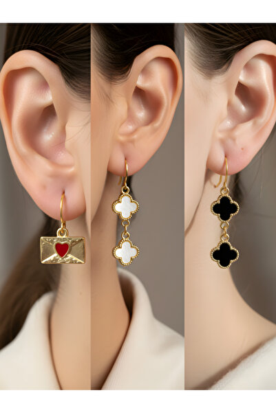 TURBİJ Siyah Yonca Beyaz Yonca Kalp Zarf Sembol Figürlü 3’lü Kadın Küpe Set