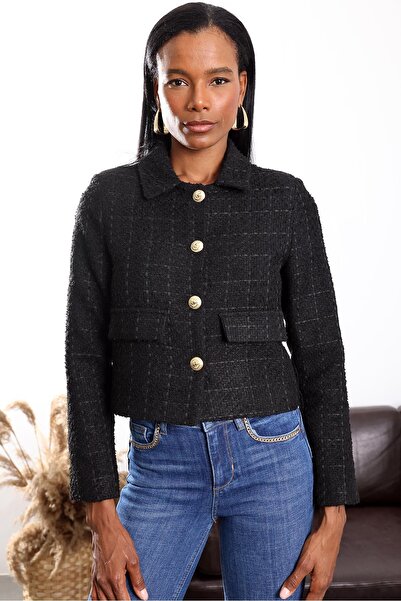 5in1Canpolat Black Gold Button Tweed Jacket 02014