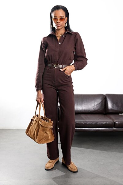 5in1Canpolat Bitter Brown Belted Denim Jumpsuit 8152