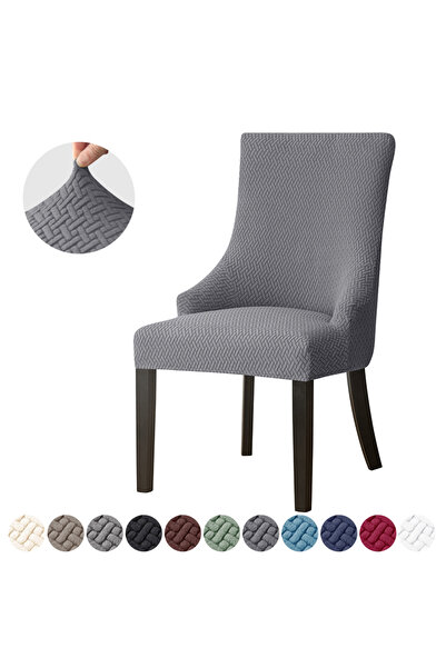 Choice غطاء رمادي غامق قطعة واحدة - 8 أغطية كراسي طعام جاكار نصف قطعة أغطية ك...