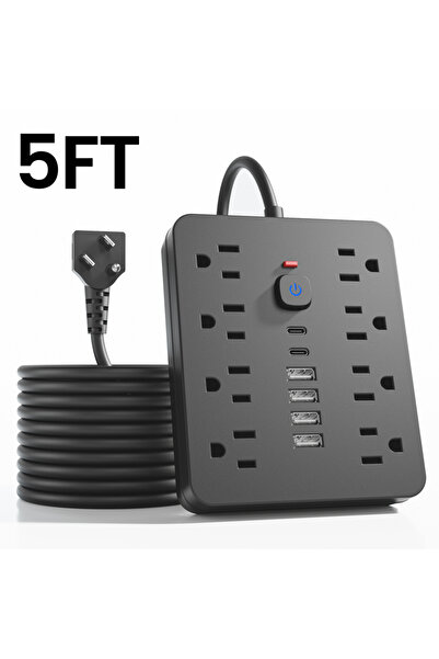 Choice قابس أمريكي أسود - شريط طاقة 14 في 1 بطول 5 أقدام، مزود بمفتاح حماية من زيادة التيار، مقبس كهربائي متعدد الوظائف Prection