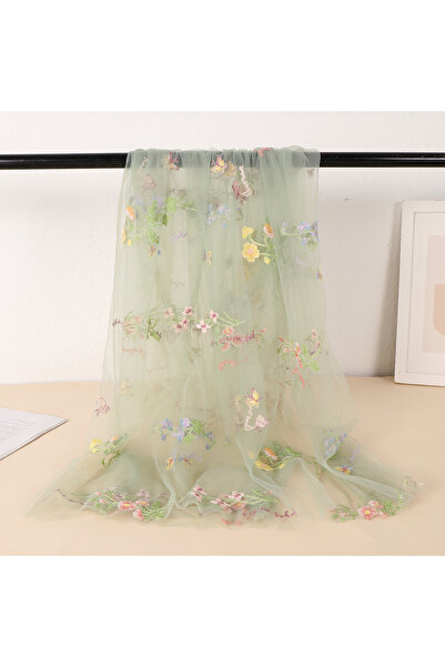 Choice قماش دانتيل مطرز بزهور باللون الأخضر الفاتح - AK، قماش دانتيل شبكي مطر...
