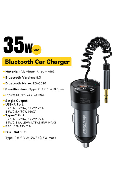 essager شاحن سيارة رمادي بلوتوث 5.3 محول AUX 3.5 مم PD35W QC30W شاحن سيارة سر...
