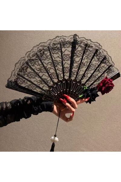 Choice1 مروحة يدوية سوداء على الطراز الإسباني الفيكتوري مزينة بالورود، مثالية...