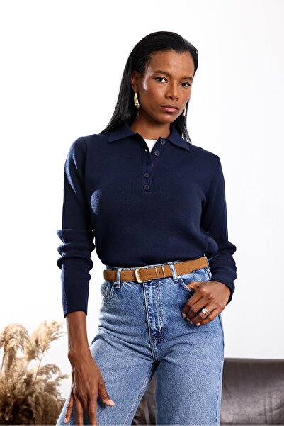 5in1Canpolat Navy Blue Polo Neck Basic Knitwear 251108