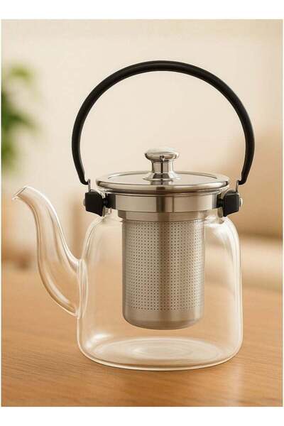 ALQANNAS إبريق شاي زجاجي سعة 1.2 لتر - مقاوم للحرارة مع مصفاة من الفولاذ المق...