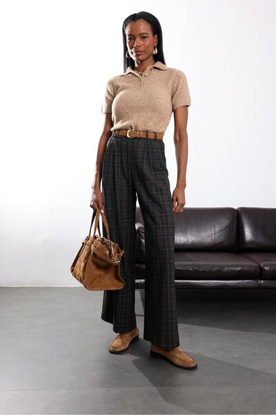 5in1Canpolat Anthracite High Waist Checkered Trousers 1596