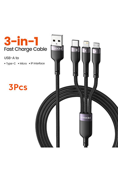 Toocki كابل 3 في 1 USB إلى Type C Micro iP أسود بطول 1.2 متر، شاحن سريع QC PD...