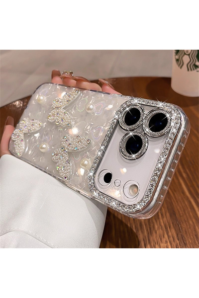 Choice جراب هاتف شفاف فاخر أبيض اللون بتصميم فراشة ماسية لهاتف iPhone 17 Pro ...