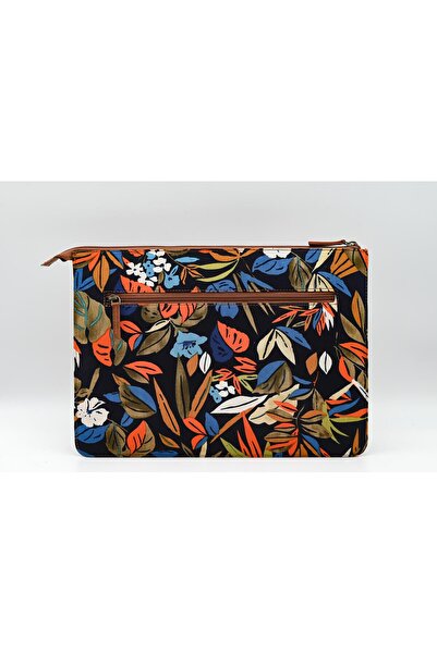 karenzi Handcrafted Leather & KALAMKARI Fabric Laptop Sleeve - Front & Back Pockets