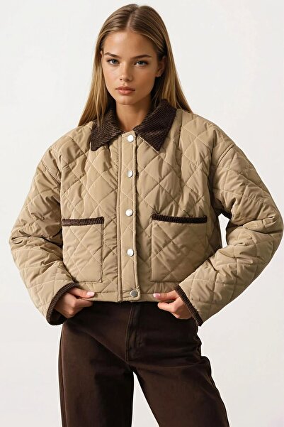 VAGGON Velvet Collar Double Pocket Lined Quilted Coat