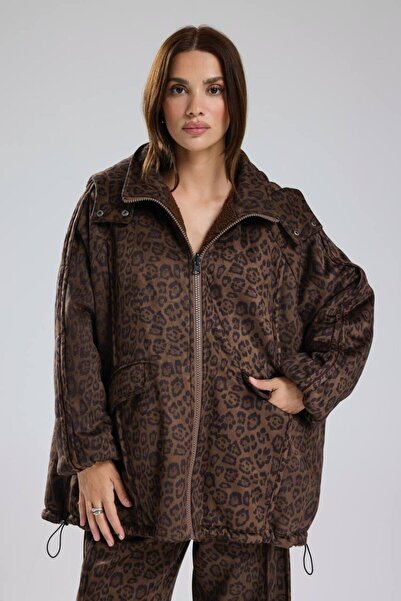 tw3 Kadın Leopar Süet Kumaş Çift Taraflı Giyilebilen Peluş Tasarım Mont Kaban