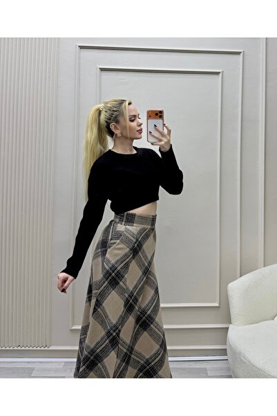 Moda Palmiss Fusta în carouri cu buzunar cu fantă cu fermoar în talie