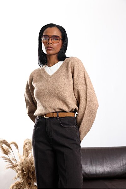 5in1Canpolat Camel V-Neck Knitwear Sweater 7037