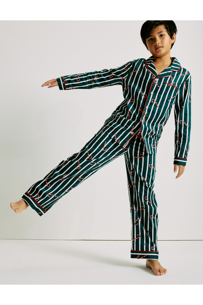 Marks & Spencer Saf Pamuklu Şeker Çubuğu Çizgili Yılbaşı Pijaması (1‑16 Yaş)