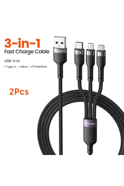 Toocki كابل 3 في 1 USB إلى Type C Micro iP أسود بطول 1.2 متر، كابل شحن سريع Q...
