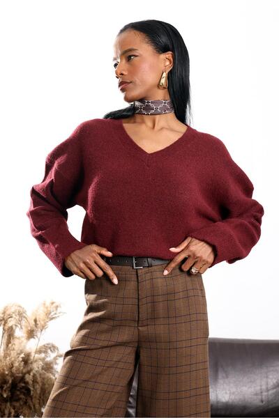 5in1Canpolat Burgundy V-Neck Knitwear Sweater 7037