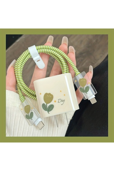 Choice 16 كابل USB لحماية iPhone 15 14 18W 20W غطاء حماية شاحن أصلي زهور خضراء