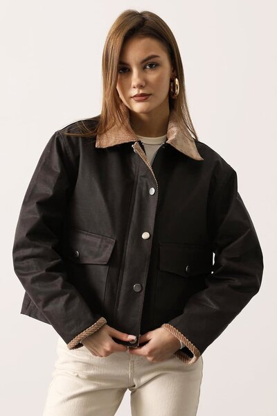 VAGGON Double Pocket Velvet Collar Lined Jacket