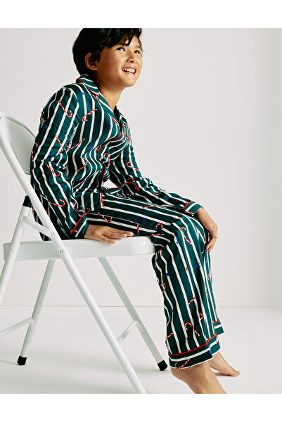 Marks & Spencer Saf Pamuklu Şeker Çubuğu Çizgili Yılbaşı Pijaması (1‑16 Yaş)