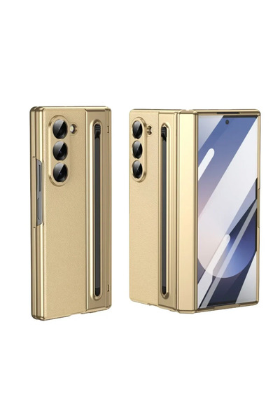 Choice جراب هاتف Galaxy Z Fold7 مصنوع من الجلد الذهبي مع فتحة قلم من الفولاذ لهاتف Z Fold 7 6 5 4 Fold7