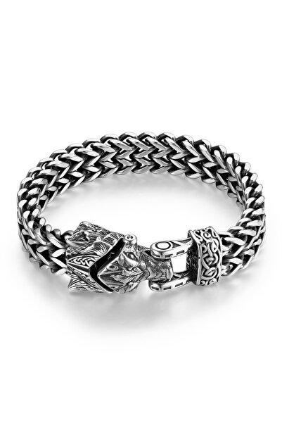 Viking Nordic Fenrir Wolf Clip-On Nordic Back & Fenrir Design 316L Stainless Steel Non-Tarnish Bracelet