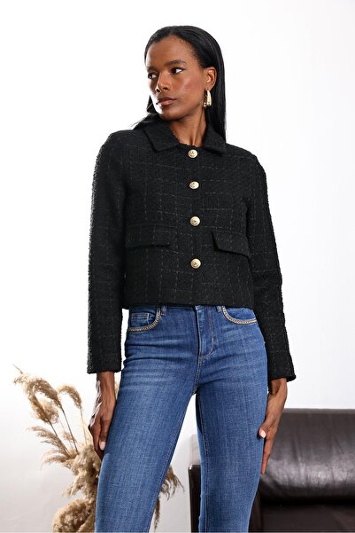 5in1Canpolat Black Gold Button Tweed Jacket 02014