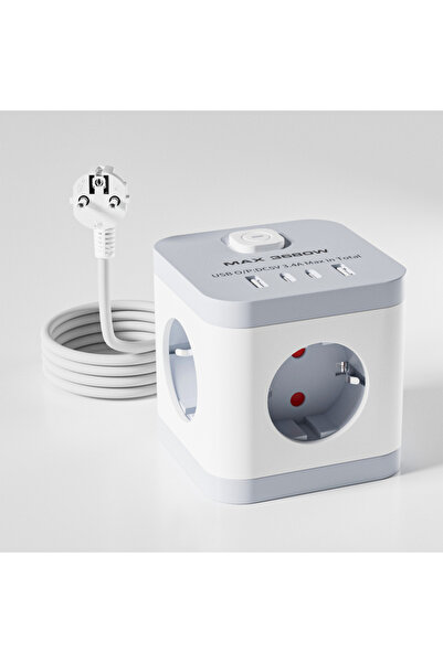 Choice EU Plug 1.5m 59in 1pc EU White CUBE POWER STRIP 150cm extension cord 3AC 2 USB-A+2 USB-C 16A 3680W S