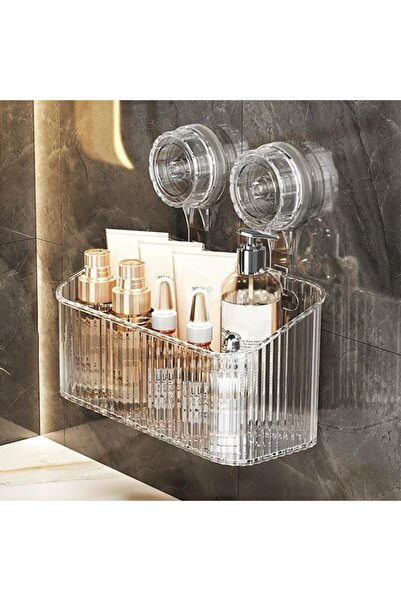 Choice رف دش شفاف أبيض على شكل حرف L مع كوب شفط وسلة تخزين بدون ثقب وحامل ترك...