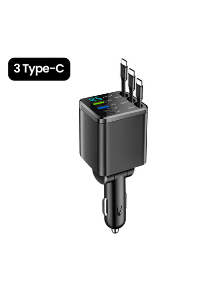 Choice شاحن سيارة 7 في 1 من 3 منافذ من النوع C مع كابل قابل للسحب 3 منافذ من النوع C ومحول ولاعة سجائر للسيارة من USB C إلى i