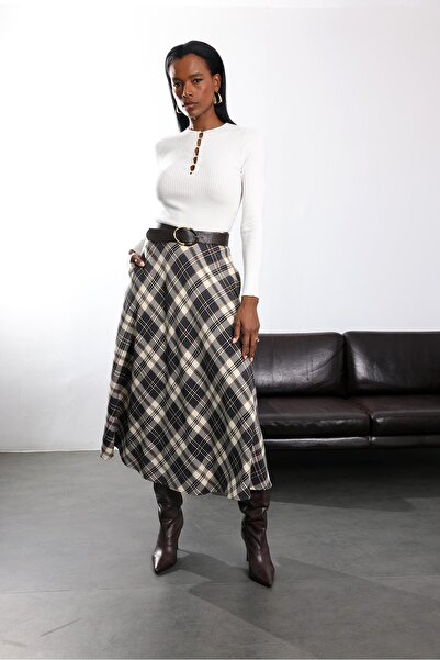 5in1Canpolat Anthracite Plaid Maxi Skirt 17775