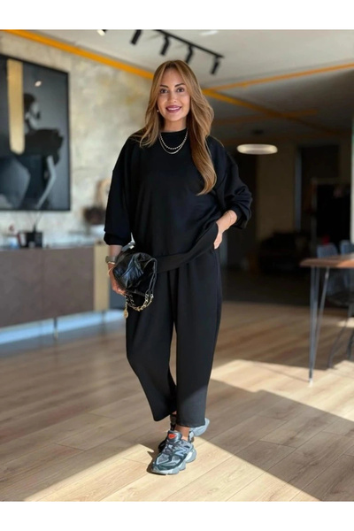 Butik المرأة طويلة الأكمام طاقم الرقبة فسكوزي اثنين من الغزل بلوزة وبنطلون بد...