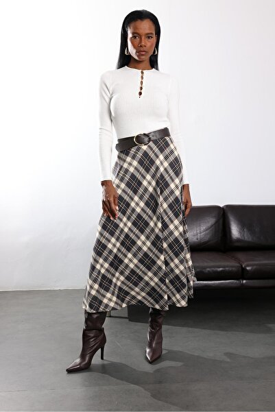 5in1Canpolat Anthracite Plaid Maxi Skirt 17775