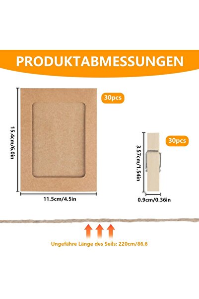 Choice Yellow 30pcs 4x6" brown cardboard photo frames w/ wooden clips & hemp ...