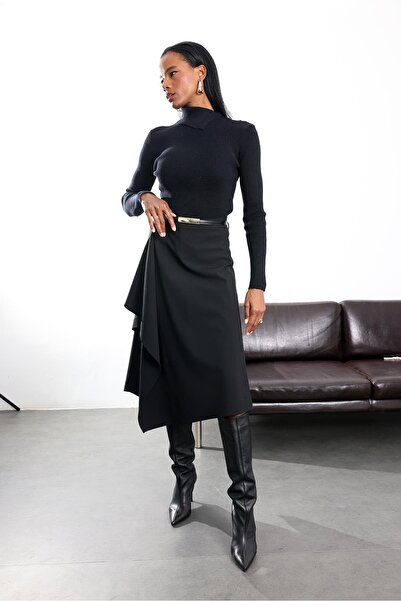 5in1Canpolat Black Double-Breasted Design Midi Skirt 17264