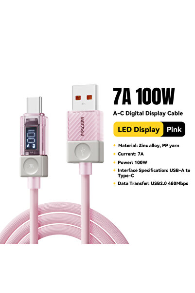 essager كابل USB-C وردي اللون بطول 1 متر، 7 أمبير، 100 واط، من النوع A إلى ال...