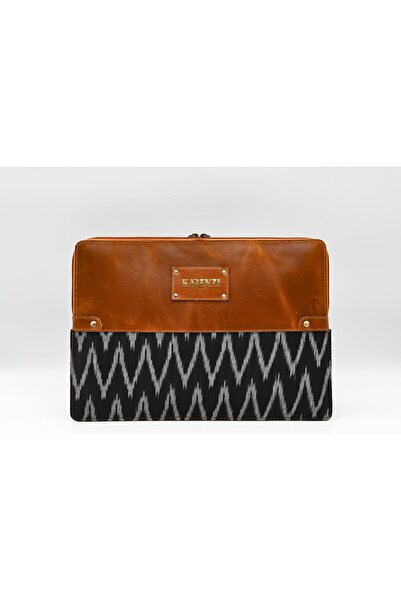 karenzi Handcrafted Genuine Leather & Handwoven Ikat Fabric Laptop Sleeve - Half and Half Design