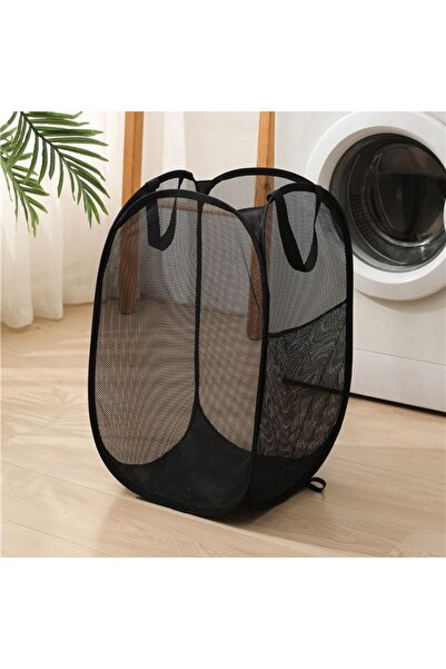 Choice سلة غسيل شبكية محمولة سوداء اللون بفتحة واسعة قابلة للتهوية وقابلة للط...