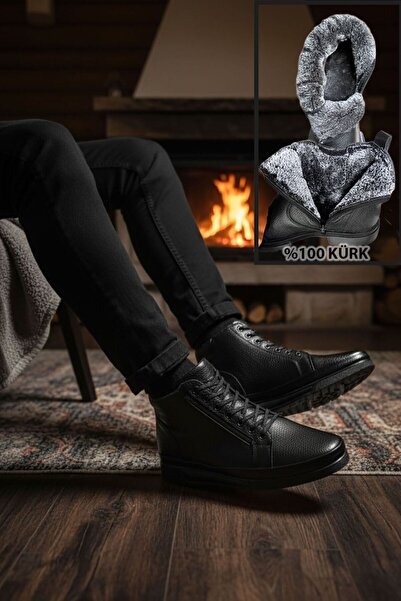 SİHİRLİ AYAKKABI +9 CM Boy Uzatan Gizli Topuk Siyah Fermuarlı İçi Kürklü Haki...