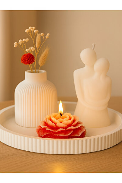 İbay Marketing Sandal Ağacı Kokulu, Sarılan Çift, Gül Mum & Dörtlü Tepsi Set