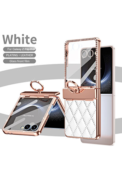 Choice Galaxy Z Flip7 White(with flim) Luxury Flash Diamond Plain Leather For Z Flip 7 Case Fold Hinge Ro