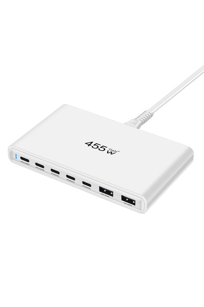 Choice شاحن سطح مكتب أبيض فائق النحافة من GaN بقوة 455 وات، 5C2A، متعدد المنا...