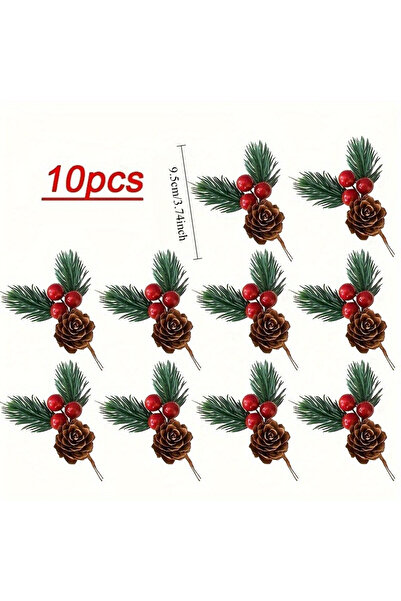 Choice أخضر أحمر - 10 قطع مجموعة من 10 قطع من أقماع الصنوبر الاصطناعية والتوت الأحمر - مثالية لتزيين شجرة عيد الميلاد