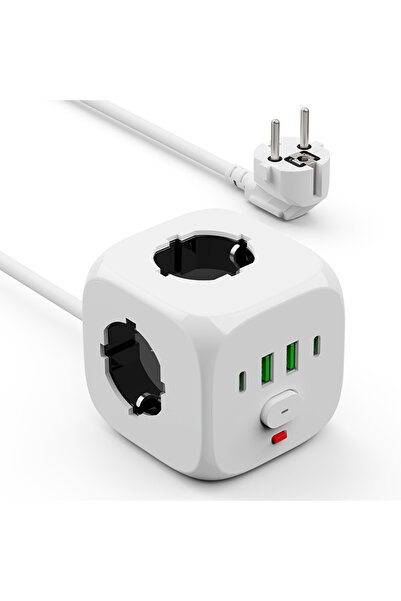 Choice قابس الاتحاد الأوروبي أبيض - شريط طاقة حائطي بطول 2 متر مع خط تمديد بطول 2 متر و3 منافذ تيار متردد ومنفذي USB