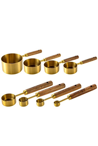 Choice1 Gold-8Pcs 4/8Pcs Measuring Cups Spoons Stainless Steel Gold Wooden Handle Baking Tools Coffee Barten